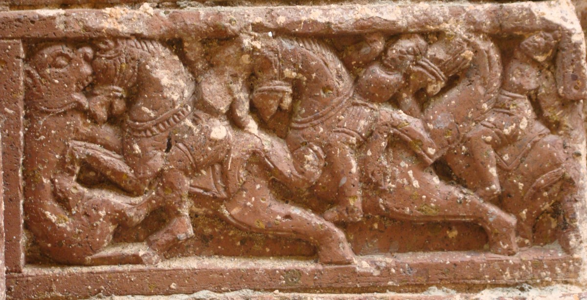Hunting scene in stone; Shiva temple; Ganpur; district Birbhum