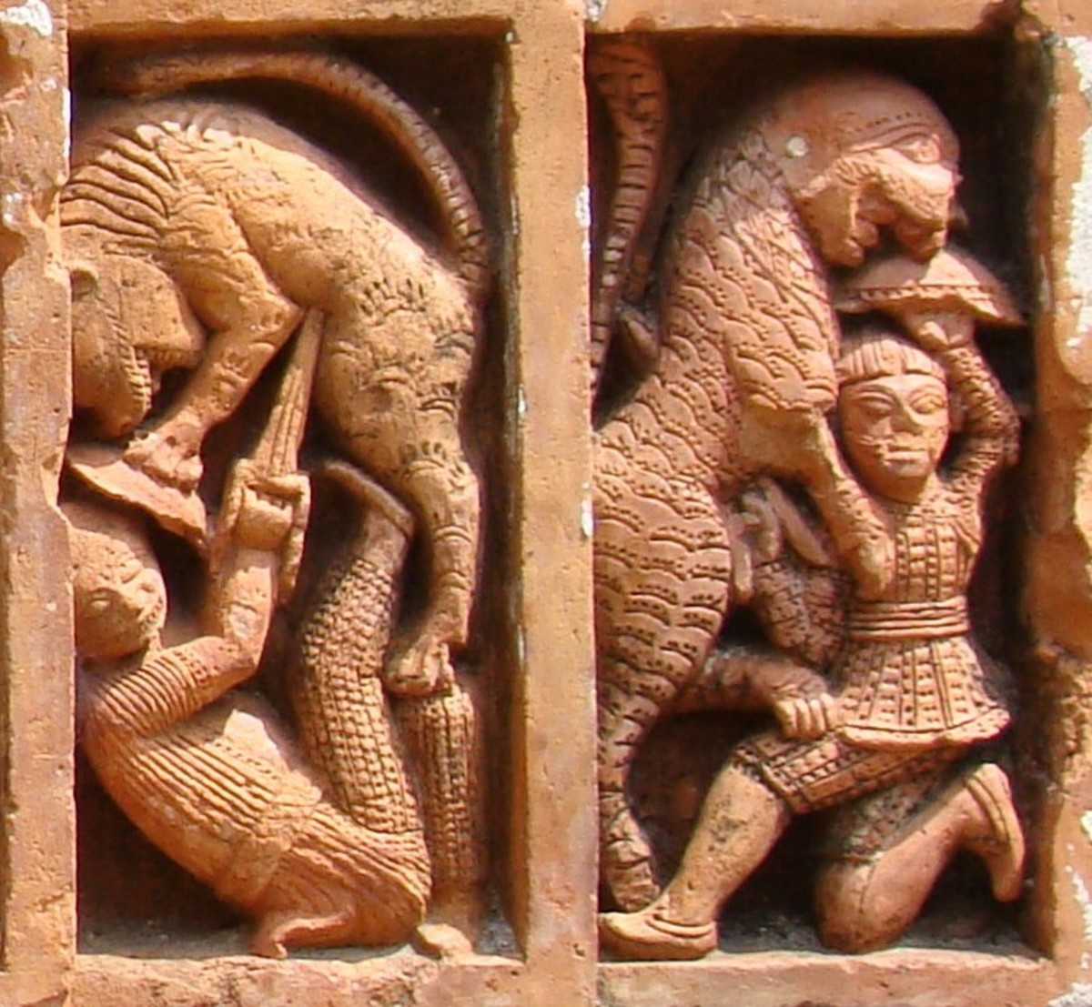 Tiger hunting on foot; terracotta; Charbangla temple; Baronagar, district Murshidabad
