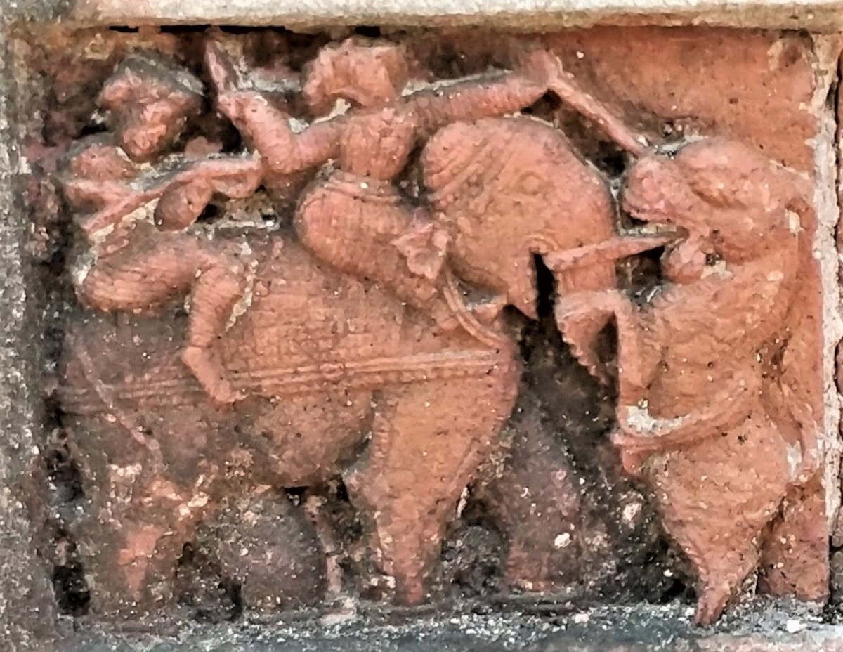 Tiger hunting on elephant; terracotta; Advaita Prabhu temple; Shantipur, district Nadia