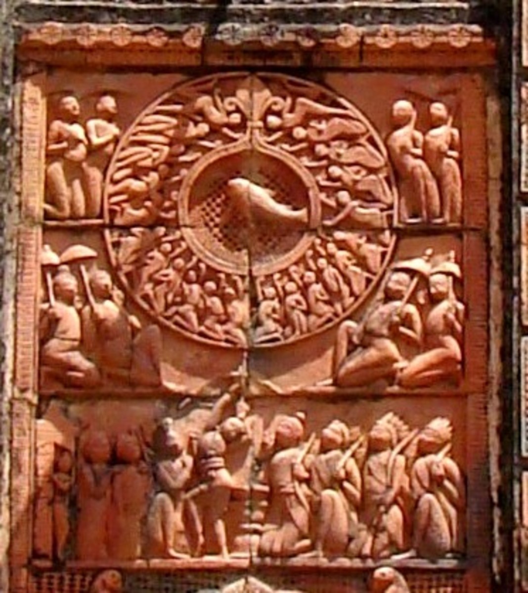 Arjuna taking his aim at the suspended fish; scene from Mahabharata; terracotta; Narayana temple; Hadal-Narayanpur, district Bankura