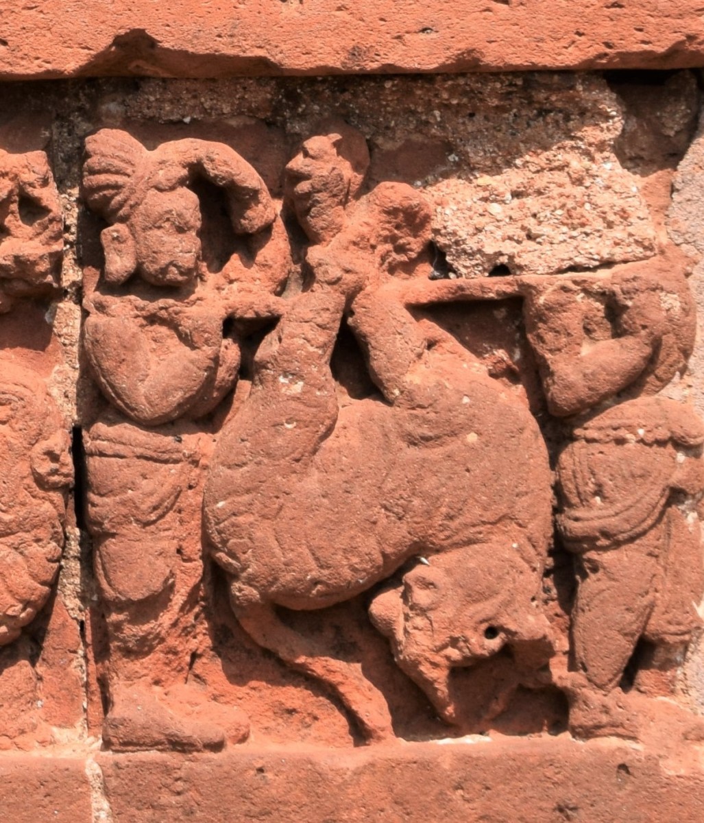 Carrying the dead tiger after hunting; terracotta; Jor Bangla temple; Vishnupur, district Bankura