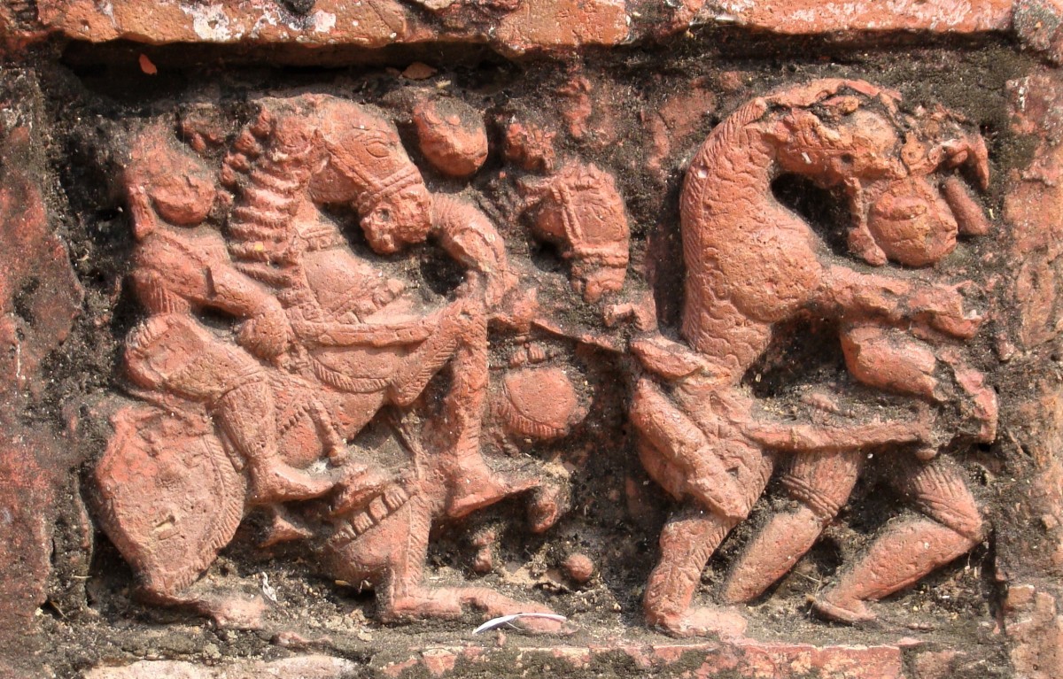 Dangers of tiger hunting - a hunter being attacked by a tiger; terracotta; Rajrajeshwar temple; Dwarhatta, district Hooghly