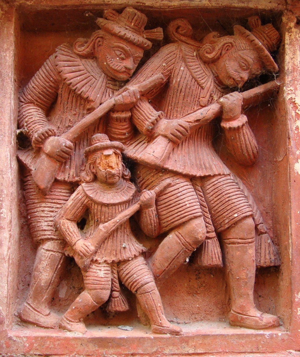 Euroopean hunters with musket; terracotta; Gopinath temple, Dasghara, district Hooghly.