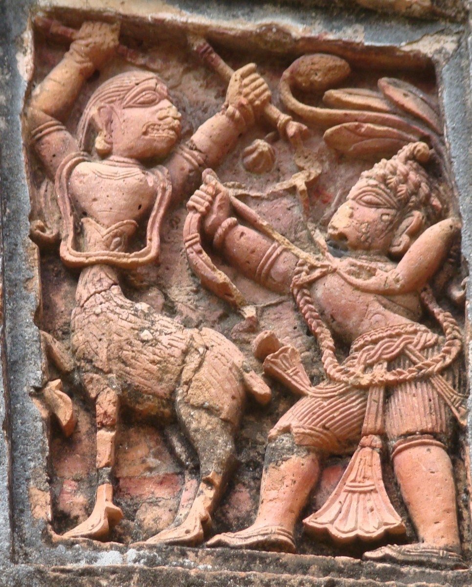 Lord Rama killing the demon Maricha  in the guise of a golden deer. Terracotta; Charbangla temple; Baronagar, district Murshidabad.