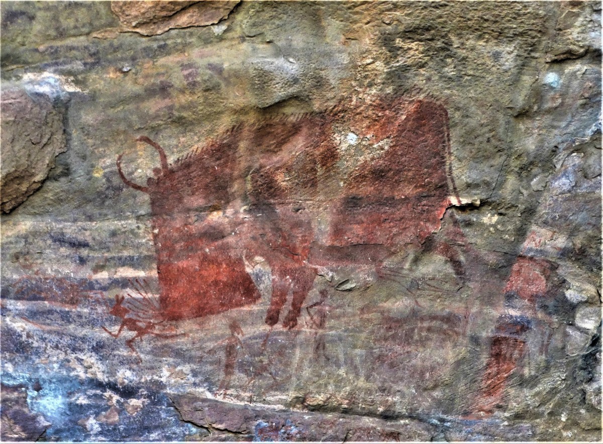Bison hunting by pre-historic men; Rock painting, Bhimbethka, Madhya pradesh.