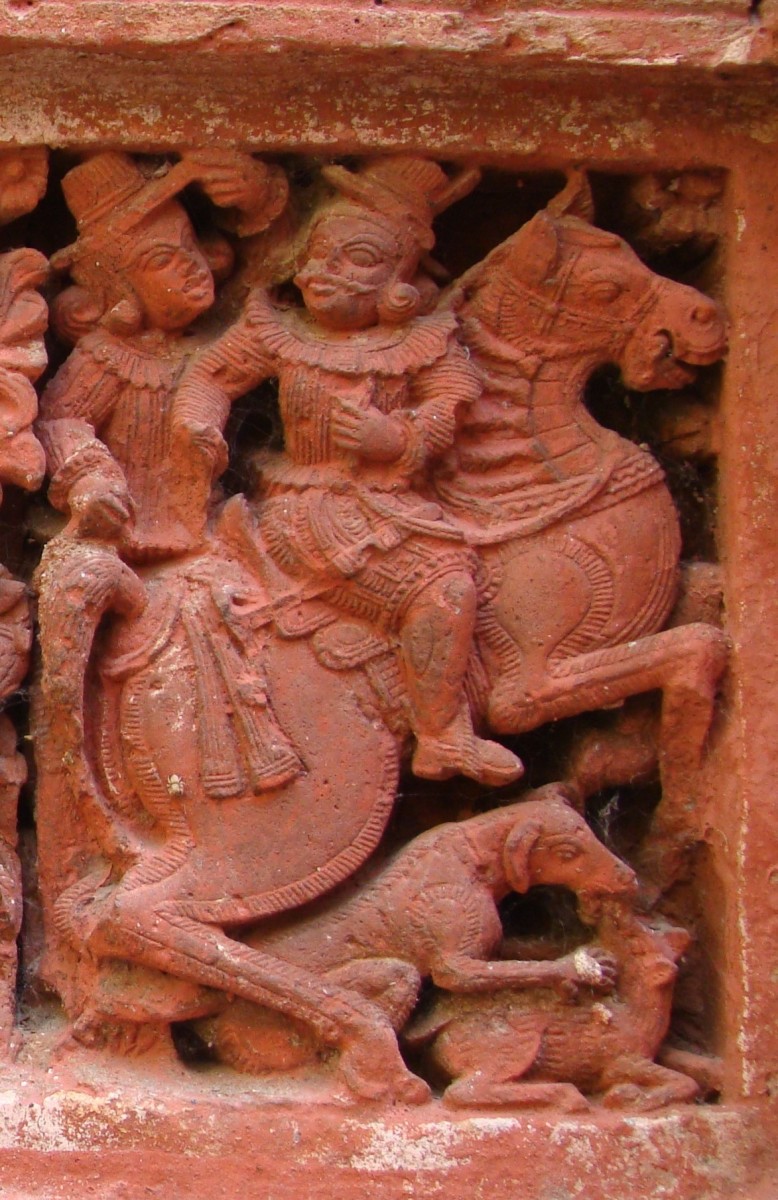 Two European hunters on horse back accompanied by a dog; terracotta; Gopinath temple; Dasghara, district Hooghly