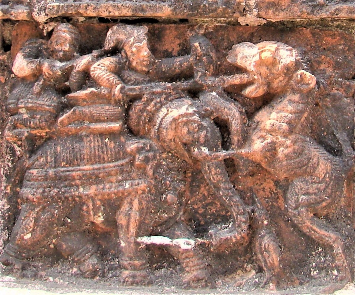 Tiger hunting on elephant; terracotta; Ananta Basudeva temple; Bansberia; district Hooghly