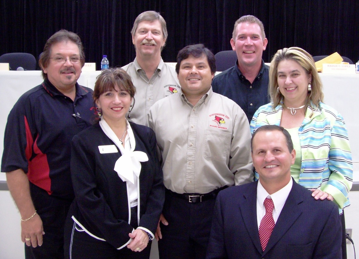 Former School Board. Rear: Raul Martinez, Richard Quebe, Craig Knapp. Middle: Margarita Lopez, Daniel Rodriguez, Lisa Salazar, Loren Brewer.