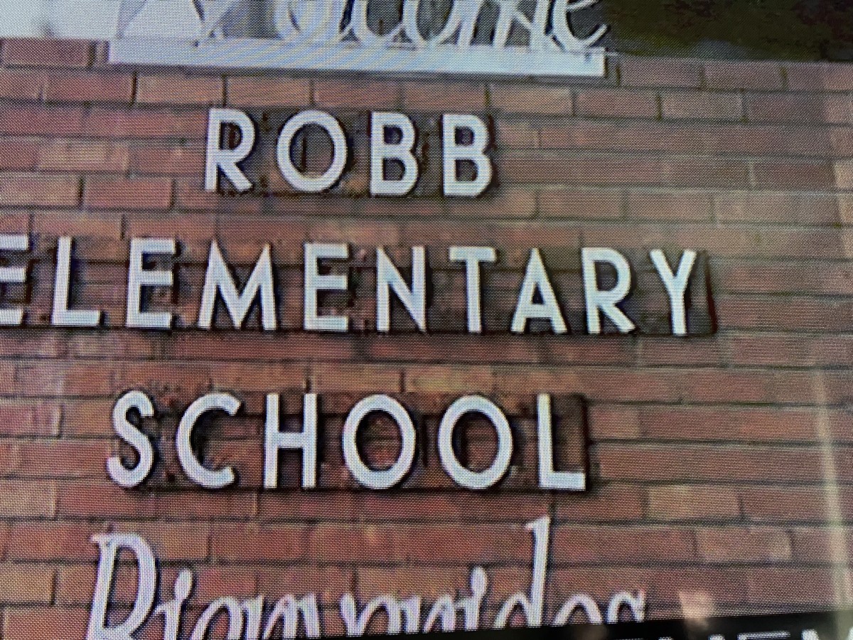 A photo of the school’s sign in Uvalde, Texas where a gunman killed 21 victims.