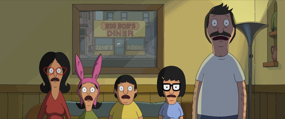 L-R: Linda, Louise, Gene, Tina, and Bob Belcher in "The Bob's Burgers Movie."