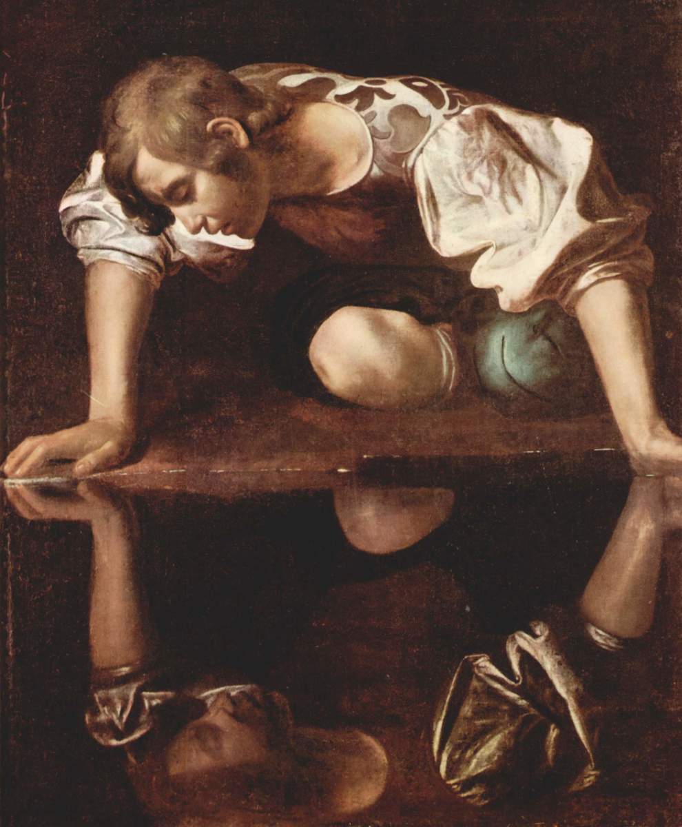 Caravaggio's painting "Narcissus" (1597–99) shows a man who is enamored with his own reflection and is unable to look away.
