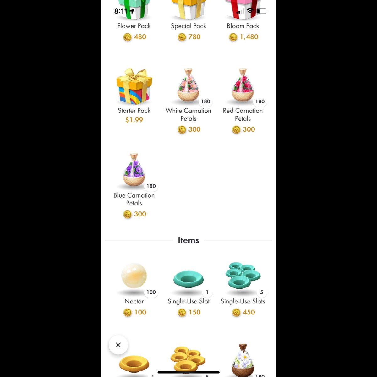 Here, you can see different items that can be purchased in the store in the game with tokens and/or real money.