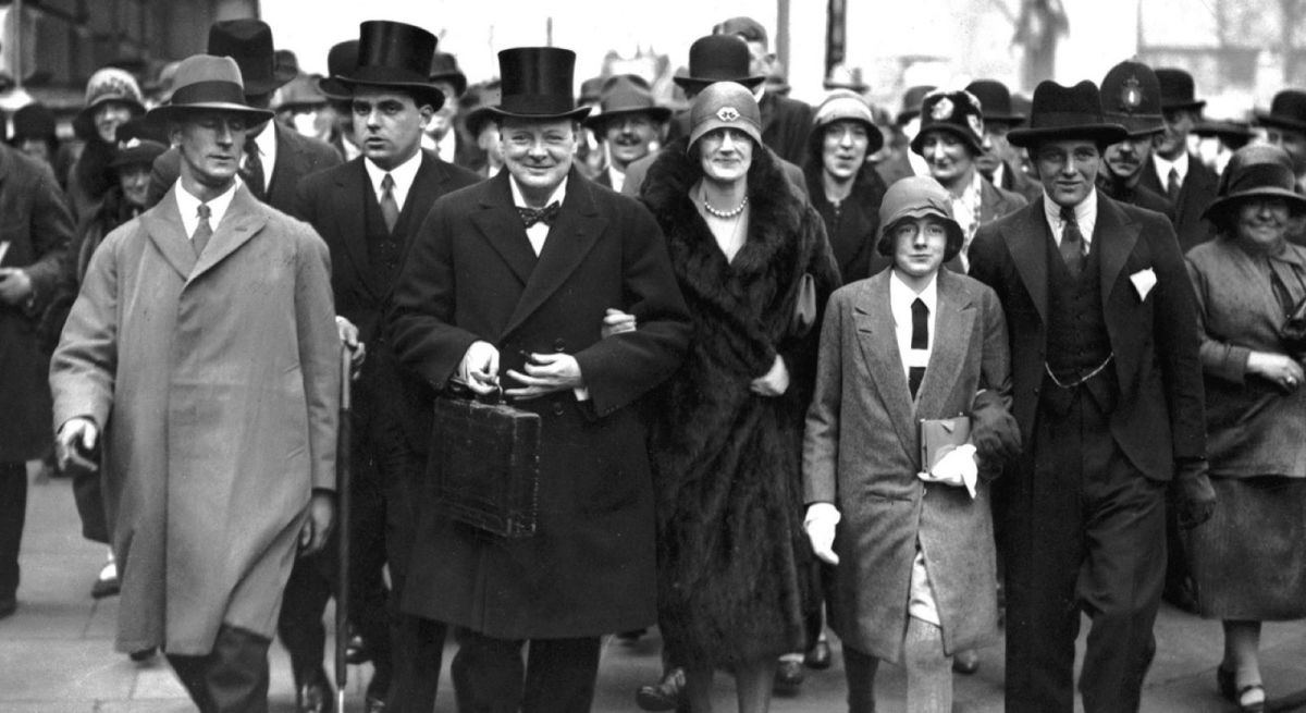 Winston Churchill, Chancellor of the Exchequer on Budget Day 1929. Clemmie, Sarah and Randolph Churchill are to Winston's right.