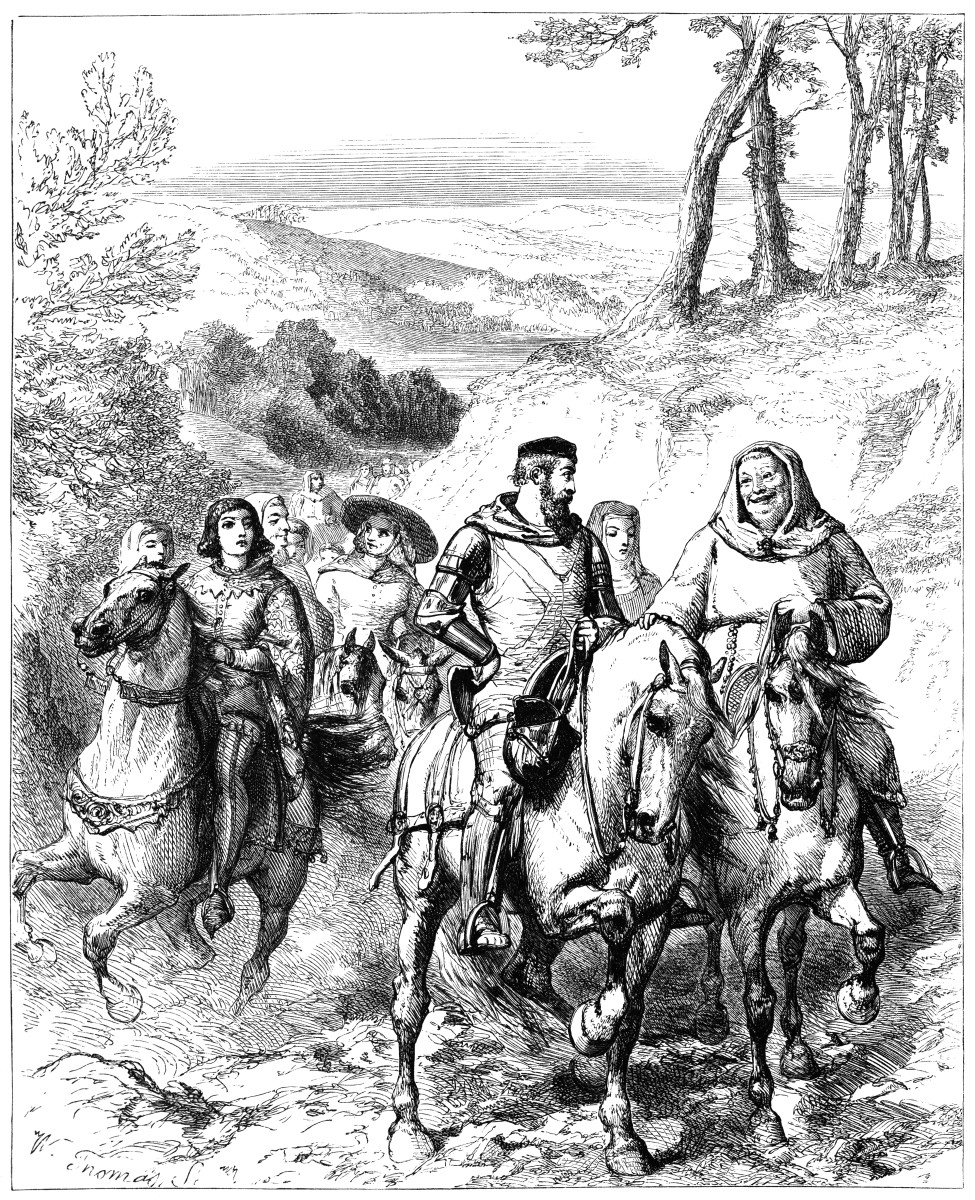 A group of medieval pilgrims on their way to the shrine of Saint Thomas à Becket in Canterbury, Kent