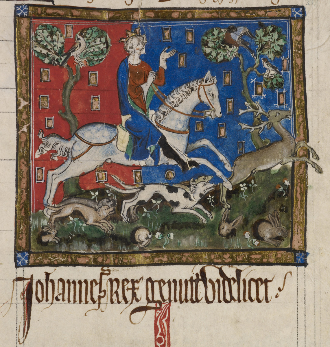 A depiction of King John hunting a stag with hounds (dating back to the 14th century).