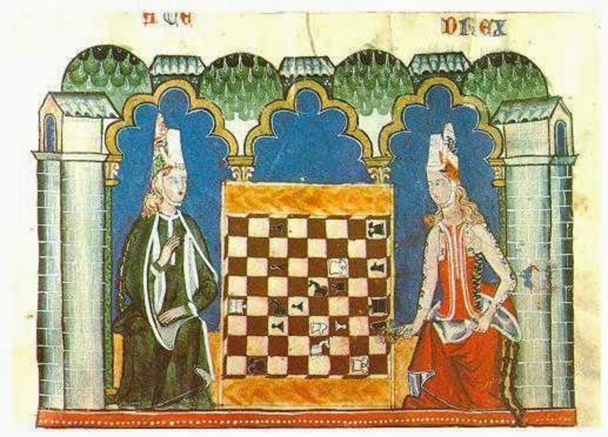Two Spanish damsels playing chess on a chequered board from the book of Alfonso X the wise