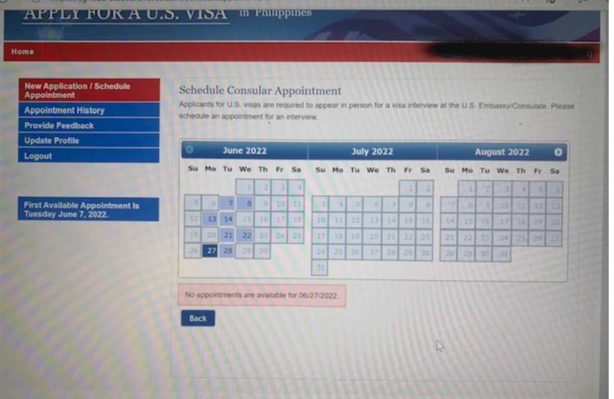 The visa appointment calendar screen