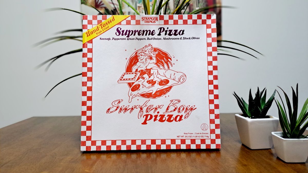 Surfer Boy supreme frozen pizza (front of package)