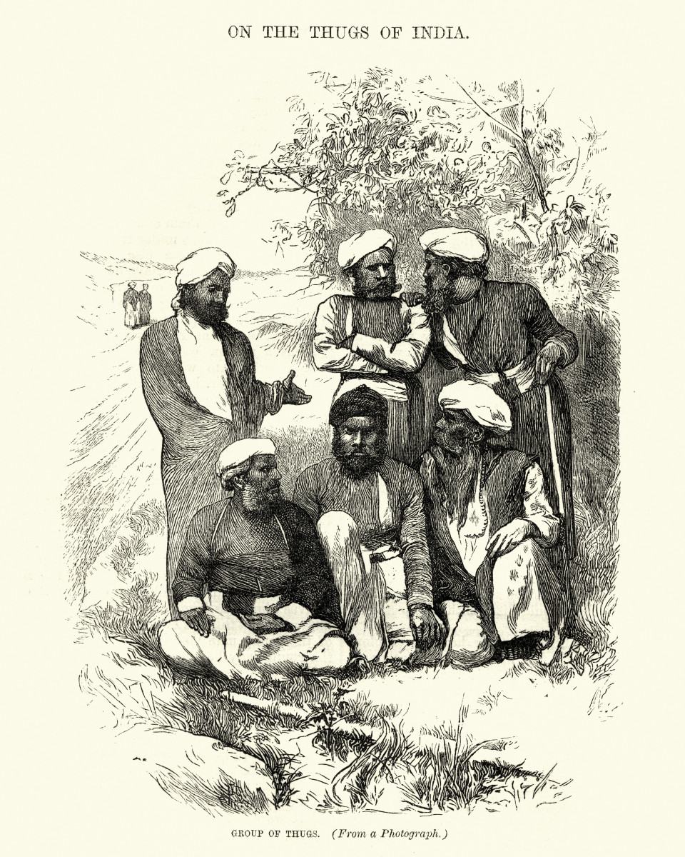 Vintage engraving of Thuggee or Thugs of India, 19th Century. Thuggee refers to the acts of Thugs, an organized gang of professional robbers and murderers