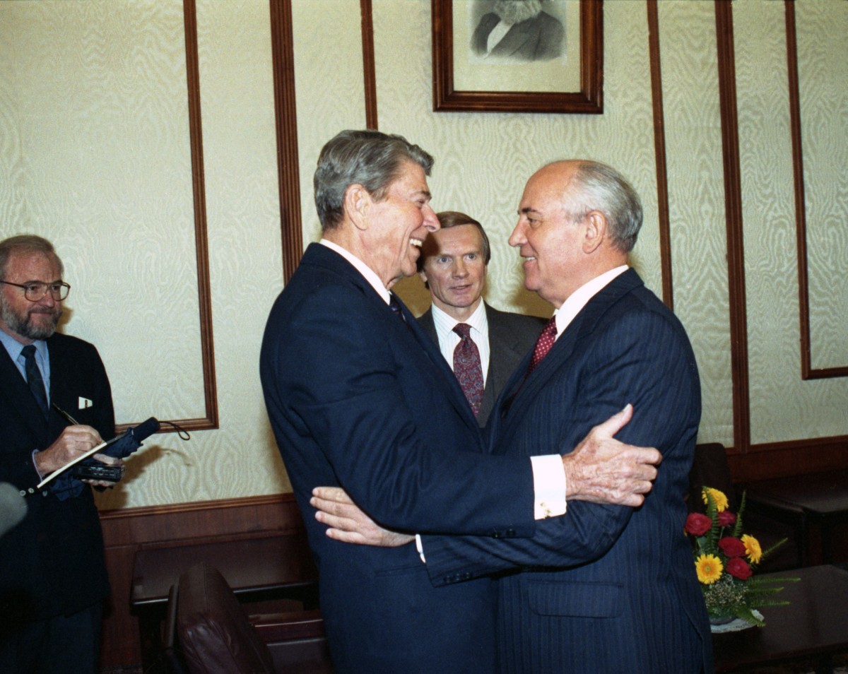 Former US President Ronald Reagan and President of the Soviet Union Mikhail Gorbachev during a meeting in Moscow, Russia, on 16th September 1990