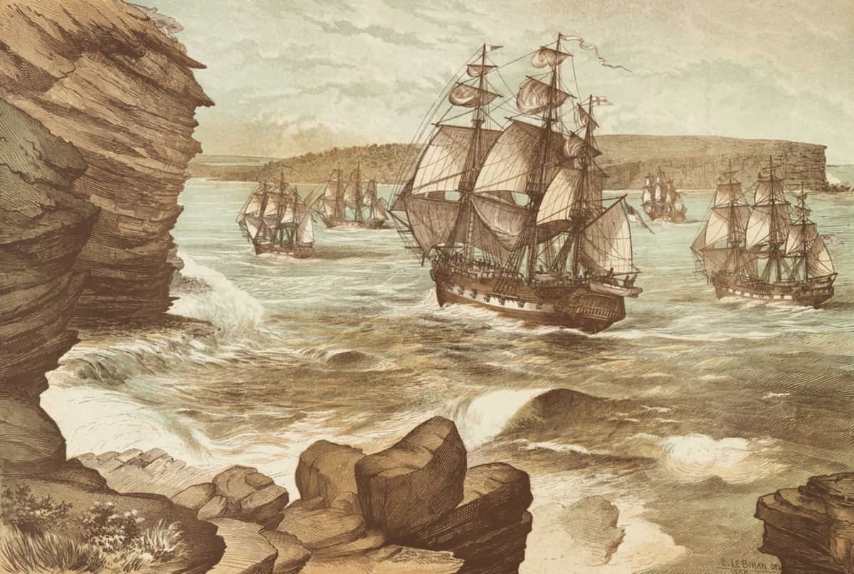Lithograph of the First Fleet entering Port Jackson, 26 January 1788, by Edmund Le Bihan