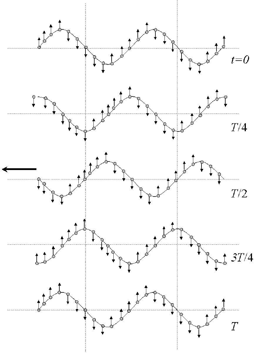 A row of vibrating particles at five different times that demonstrate the periodicity of the wave both in space and time. T represents the period of the wave. 