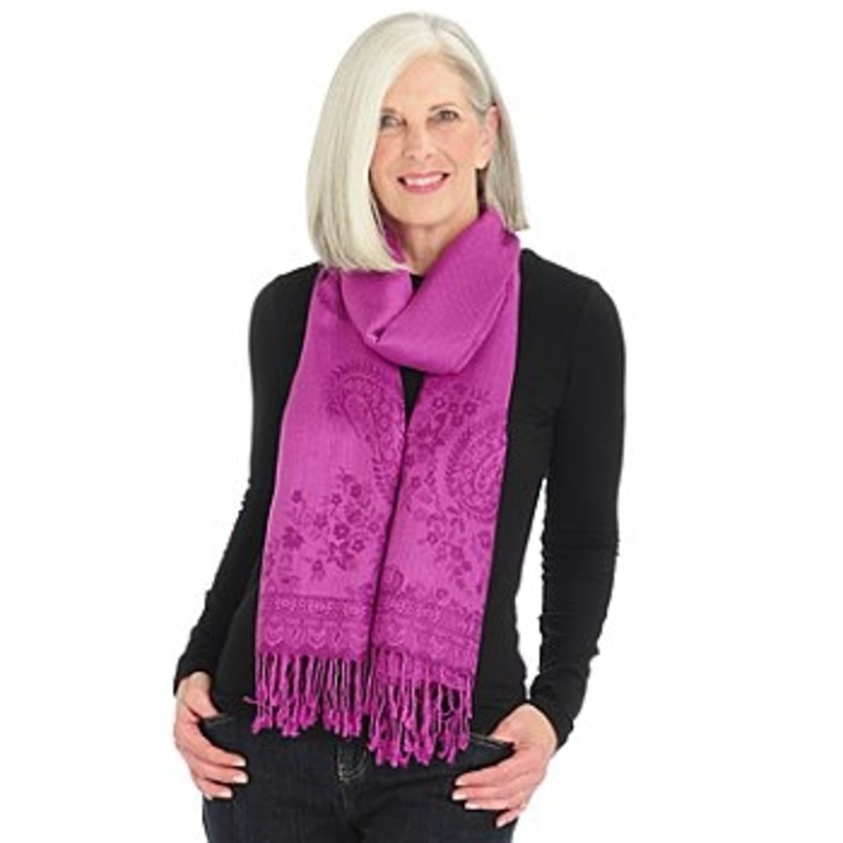 Pashmina scarf draped loosely creating a bold fashion statement.
