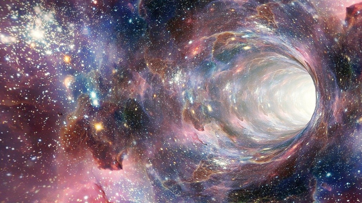 An artist’s impression of a wormhole that connects different parts of space-time
