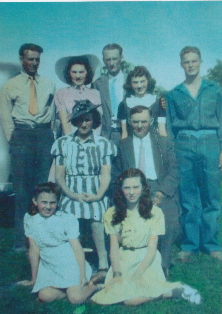 Standing from left to right:  dad, aunt Marie, uncle Augie, aunt Laura, uncle Dick.  Seated are grandma and grandpa Kuehn.  In front from left to right are aunt  Florence and aunt Helen.  Picture taken about 1938.