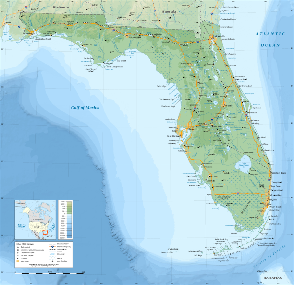 Topographic map of the State of Florida, USA (2000 Census).