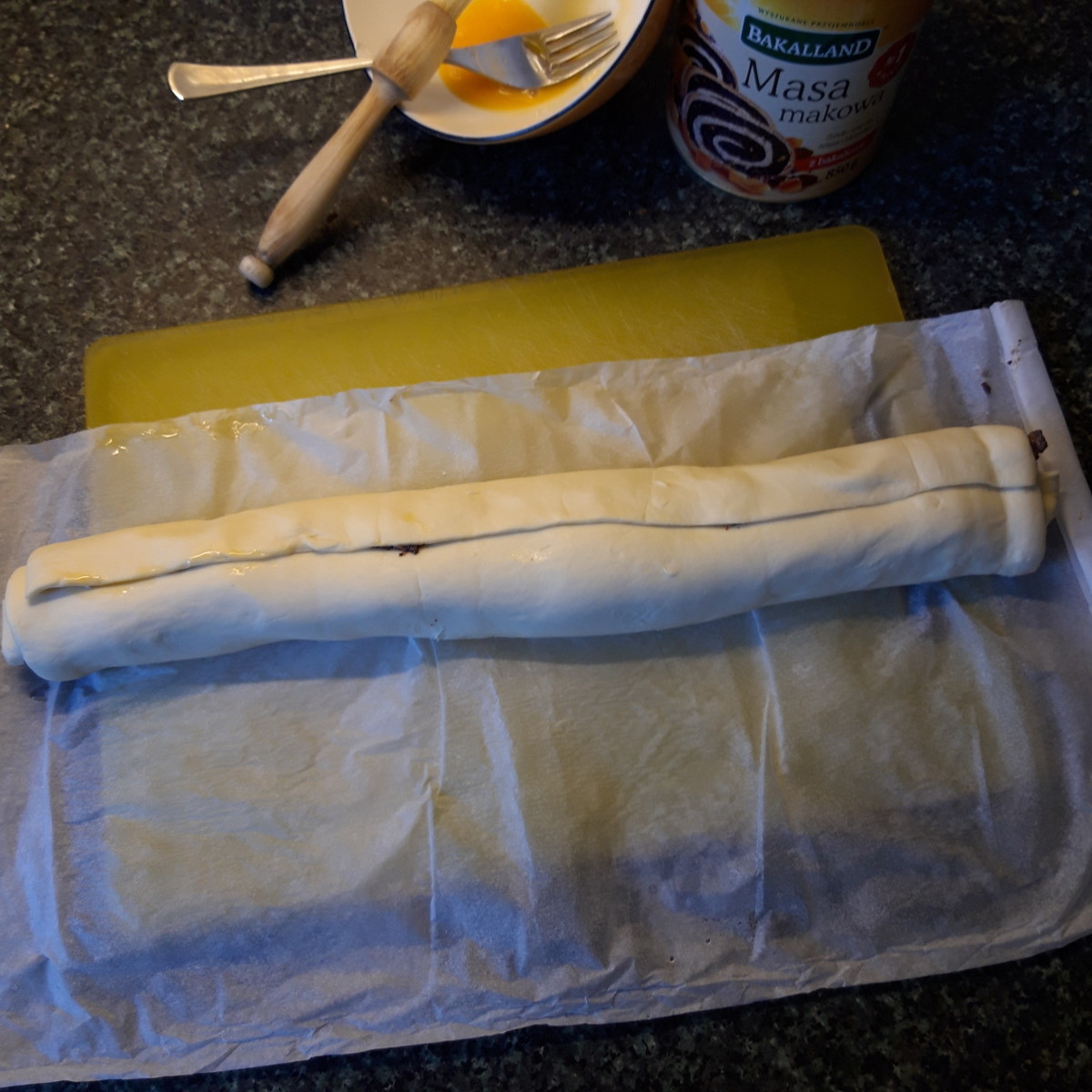 Roll pastry lengthwise into a long sausage