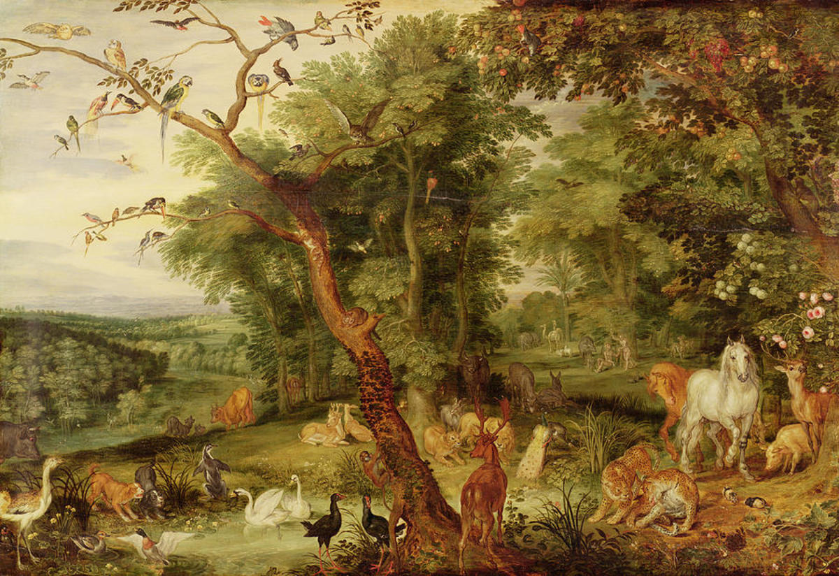 The Garden of Eden; in the background The Temptation (oil on oak panel) by Jan the Elder Brueghel (1568-1625)