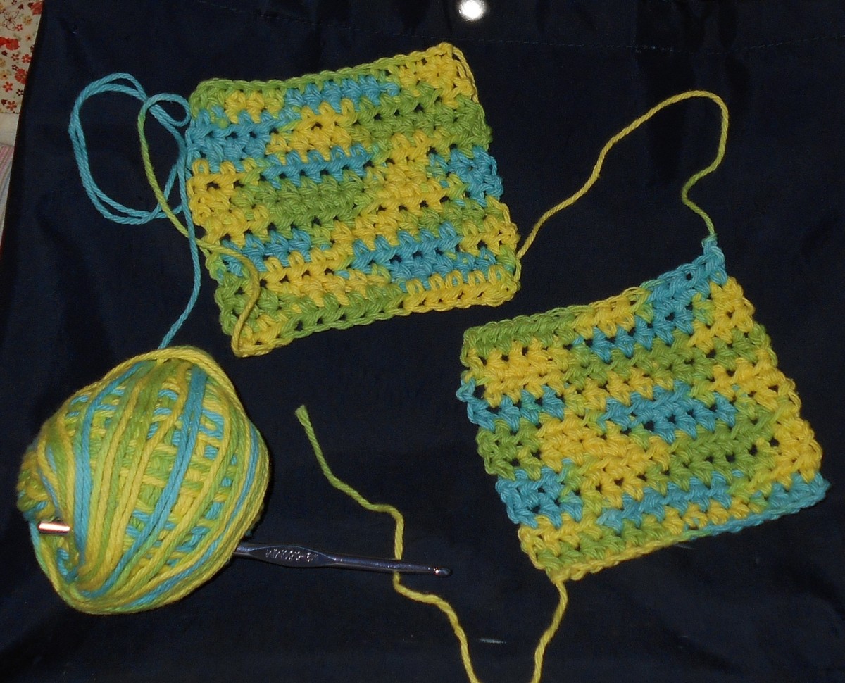 Half-double crochet squares make coasters or dishcloths.