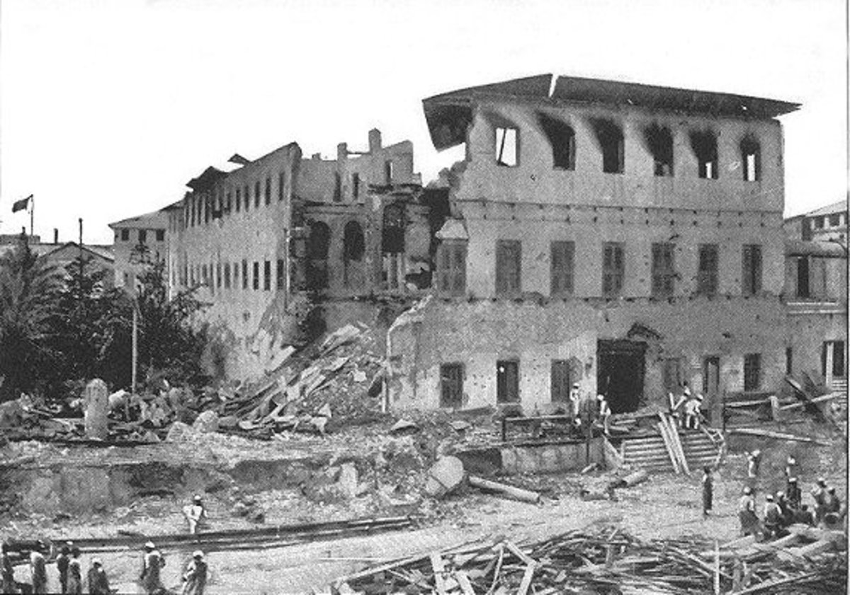 Zanzibar's Sultan's Palace after taking fire from British warships.