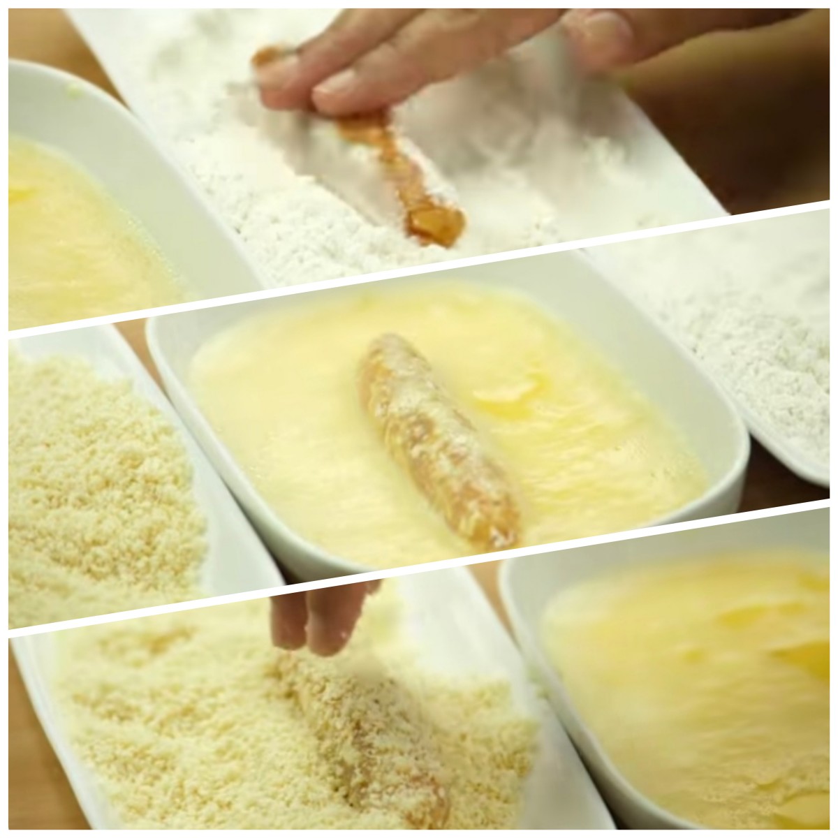 Step 3: Roll the chicken cheese finger in all-purpose flour, then dip it into beaten eggs, and then roll it into bread crumbs.