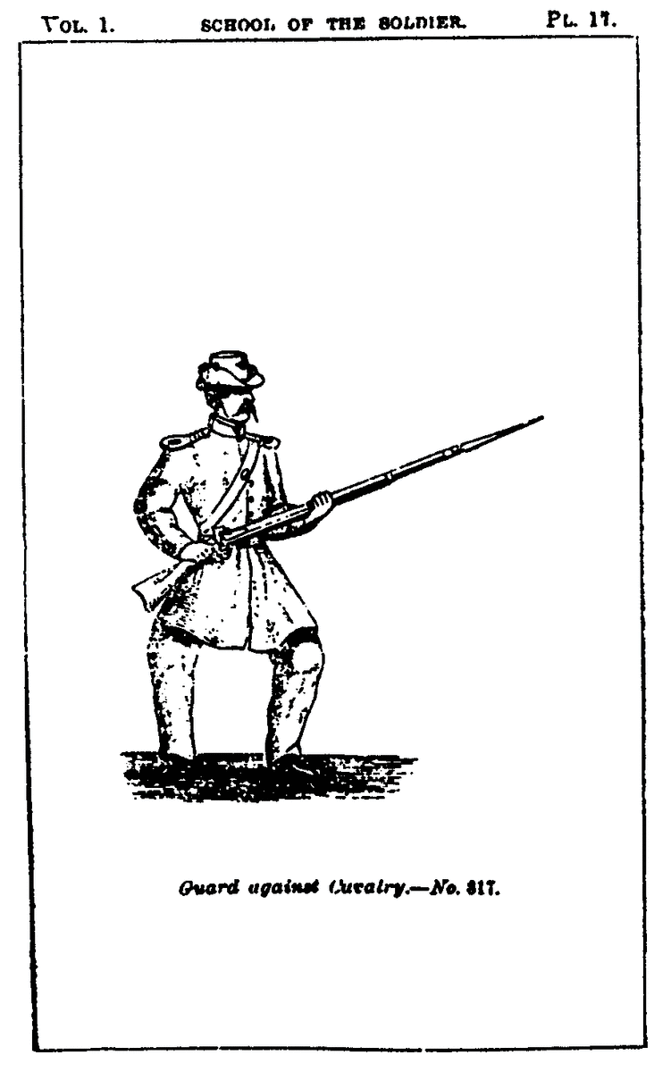 Casey's Manual illustration - Middle Guard Against Cavalry. Note the musket is held no higher than that shown in McClellan's Manual. Casey most likely modified the musket positions when he wrote his manual roughly eight years later