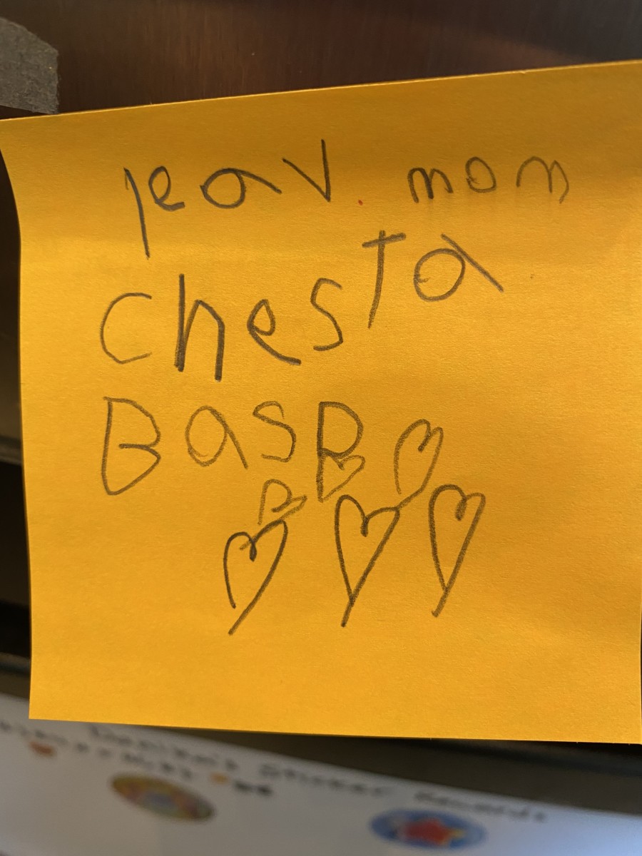 This is an example of a note for me from my daughter.  She was 6 years old at the time and wrote it without assistance.  You can see the trouble with letter sound and organization.  The note was meant to read “I love mom, she’s the best”.  
