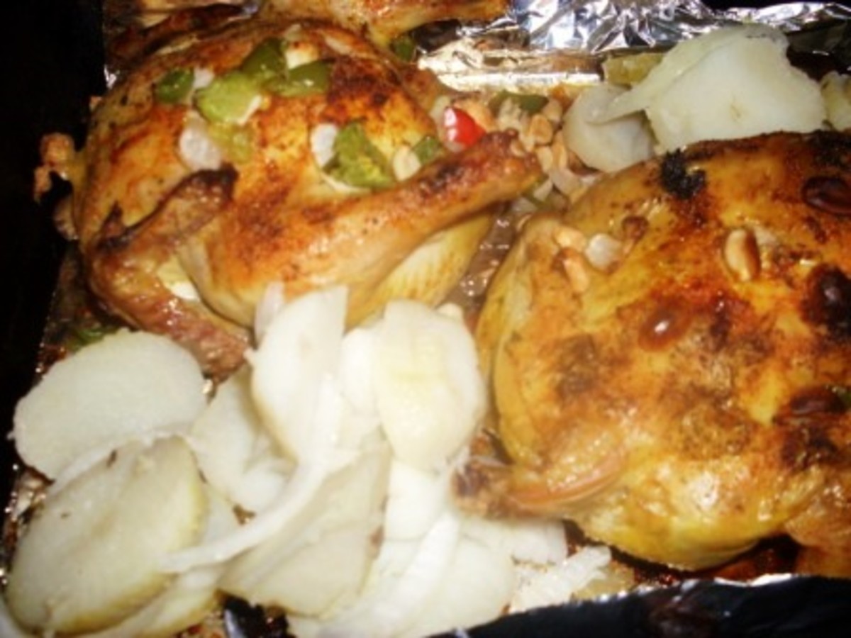      optionally, place some potato slices in baking pan with cornish hens halfway into cooking time