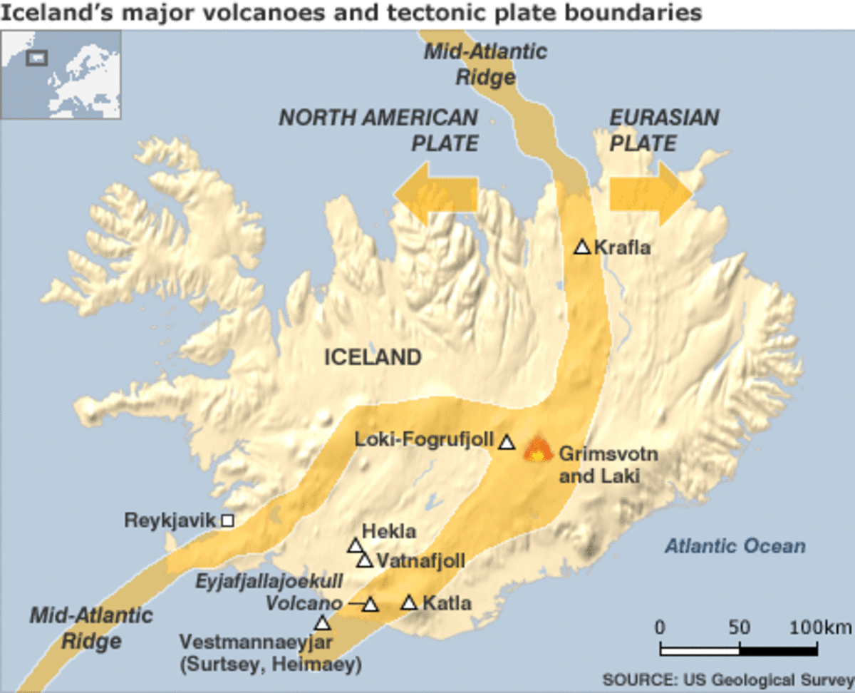 Iceland's  major volcanoes and tectonic plate boundaries