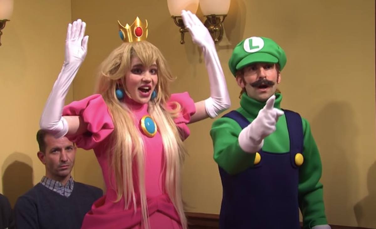Grimes as Princess Peach with Kyle Mooney as Luigi