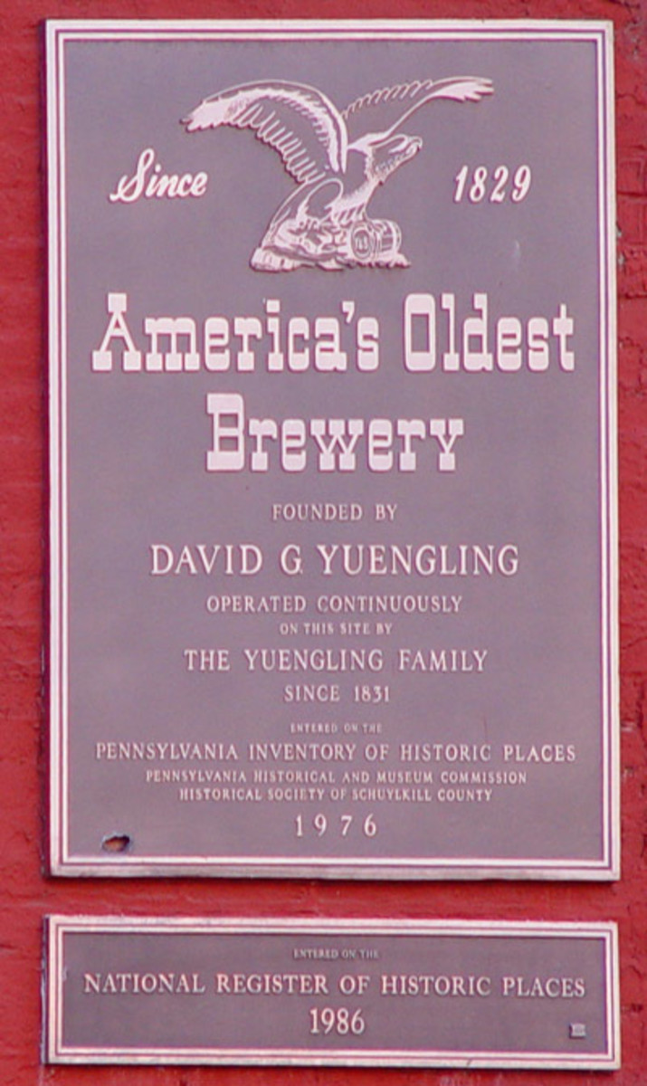 Plaque on the outside of the Yuengling brewery. Established in 1829, D. G. Yuengling & Son is the oldest operating brewing company in the United States. The brewery operates two facilities in Pennsylvania as well as the brewery in Tampa, Florida.