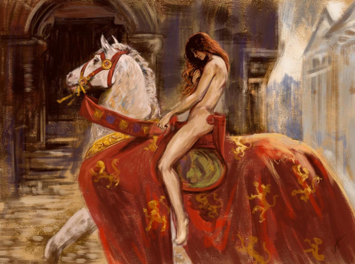 Lady Godiva fulfilled the condition. She freed her long flowing hair and accompanied by two-foot soldiers, she mounted her horse and rode through the marketplace with only her hair covering her private parts