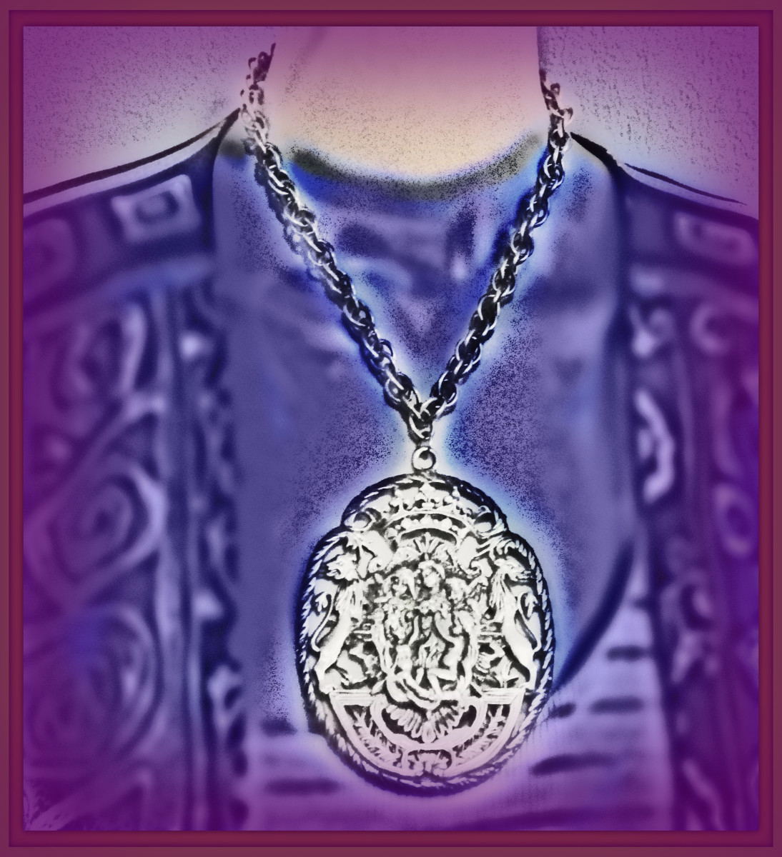  All the people are beautifully dressed and wearing silver necklaces, with a silver badge, or medallion in the center of their necklaces.