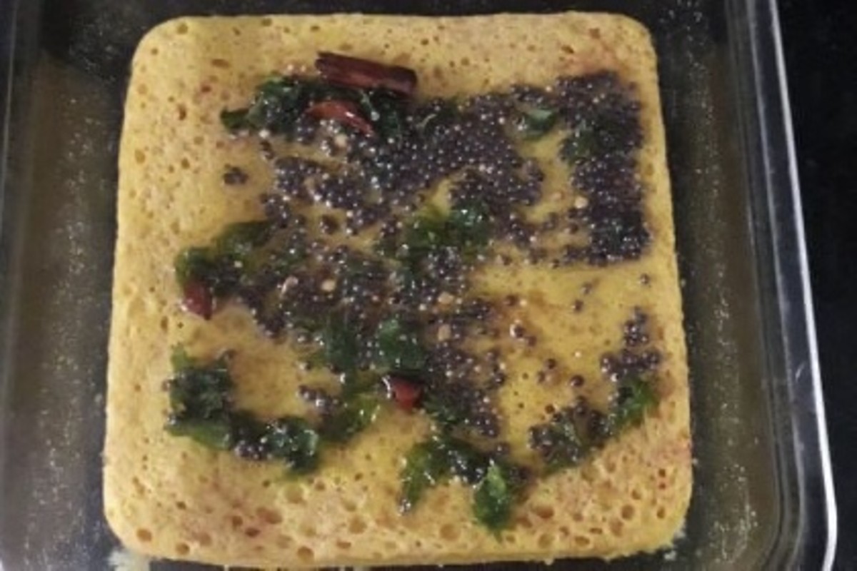 Dhokla can be tempered with curry leaves and mustard seeds. 