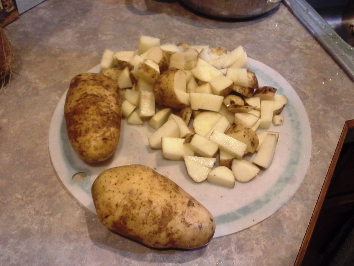 Step Three: Chop each of your potatoes into small pieces; We like to leave the skins on
