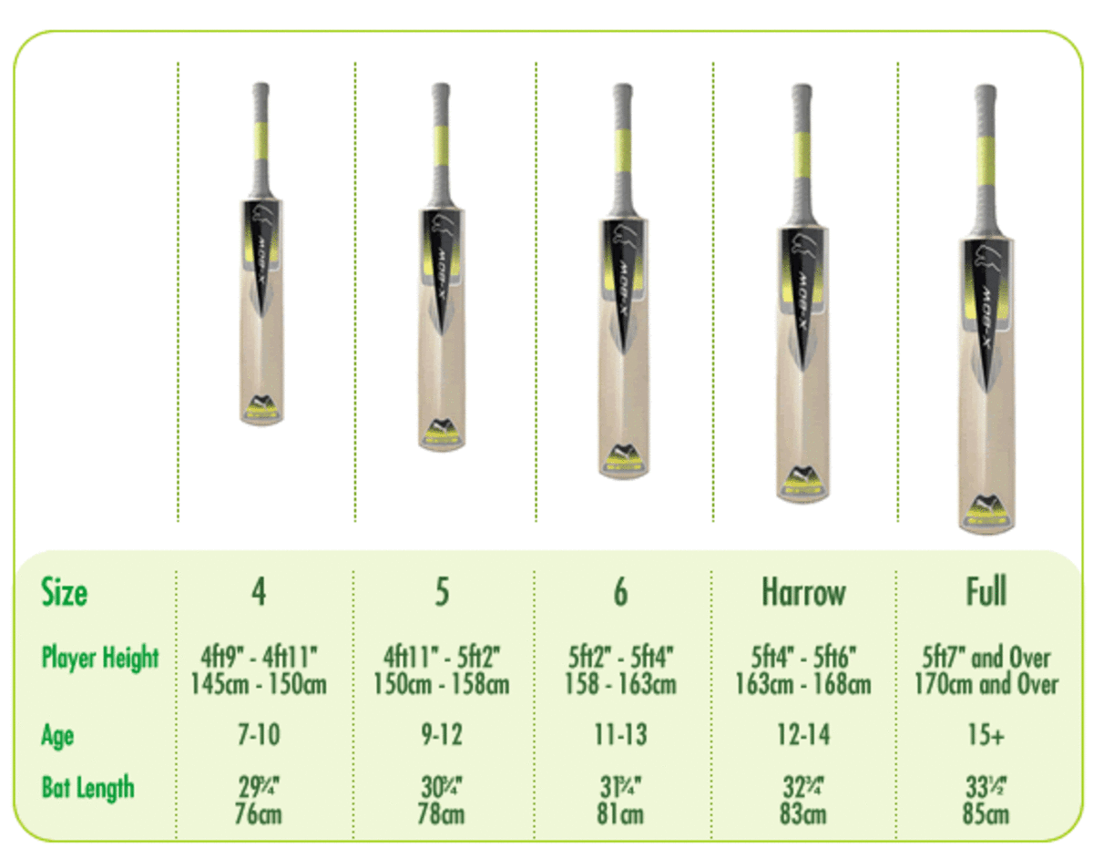 Cricket bat size chart.