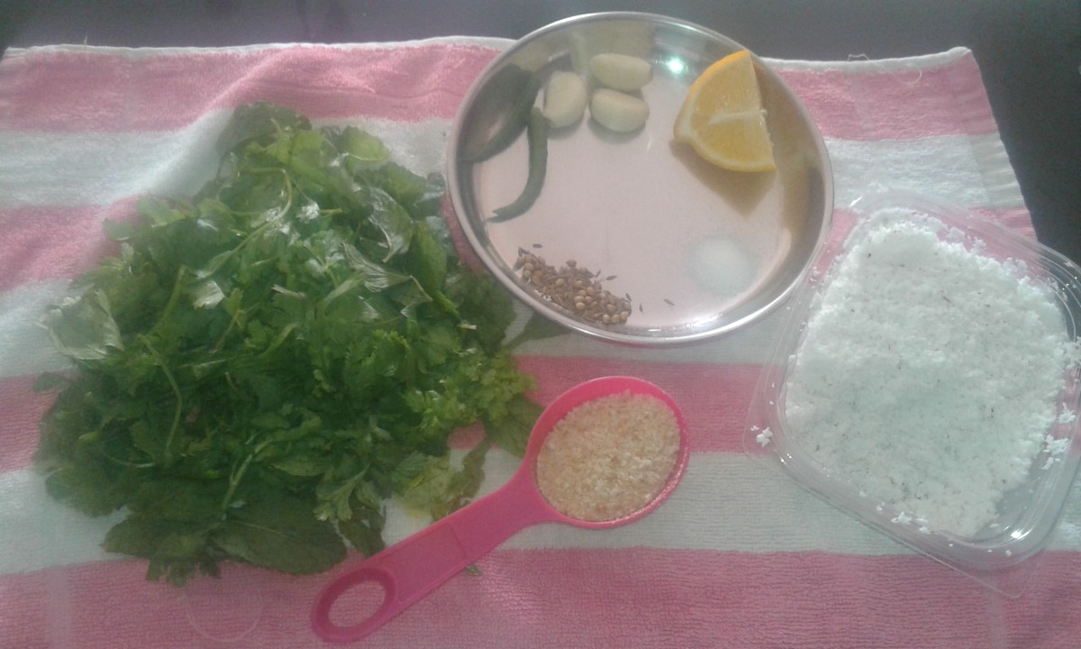Ingredients for chutney: Coriander and mint leaves, green chilli, garlic cloves, roasted cumin seeds and coriander seeds, salt, lemon. breadcrumbs and grated coconut