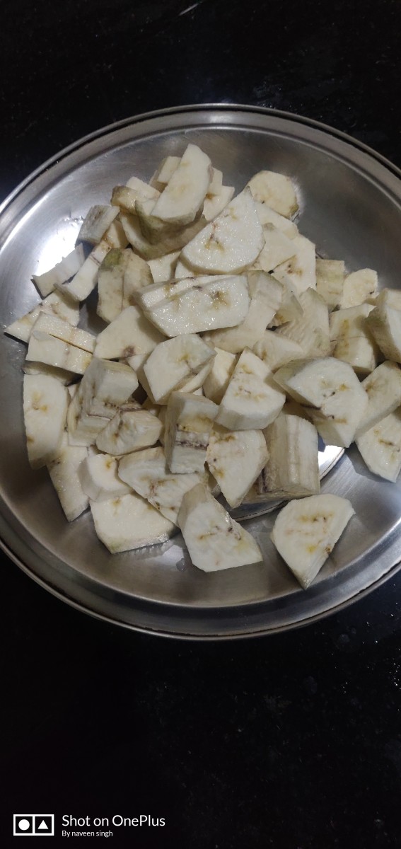 Peel the raw banana and cut into dices,wash it nicely and keep aside for use.