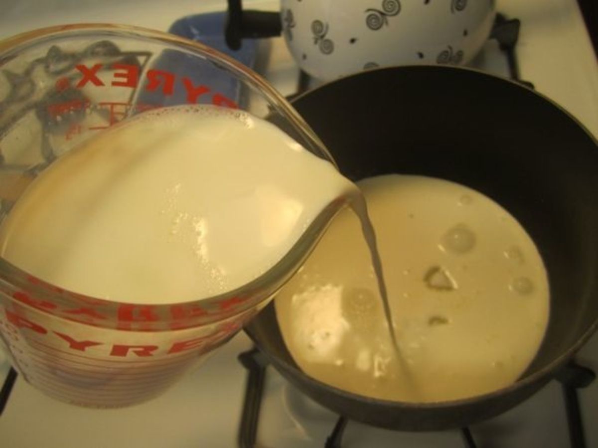 Step 1: Mix 2 cups milk, 1 cup cream, and 1/2 cup sugar in a saucepan. Warm over medium heat. Stir until the sugar has completely dissolved.