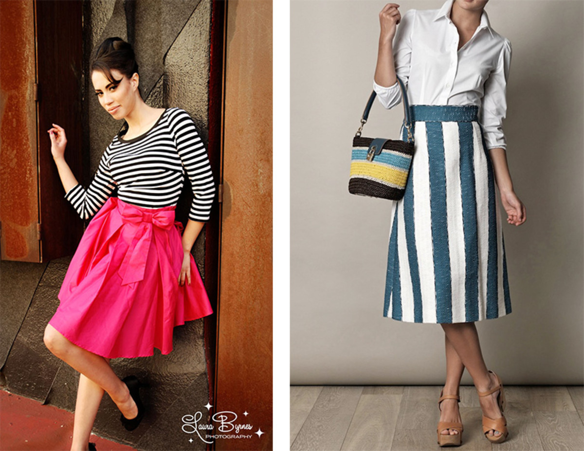 You can strike the perfect balance in this striped knit tee and bright pink skirt from Pinup Girl Clothing or be A+ in this wide striped A-line form Dolce & Gabbana